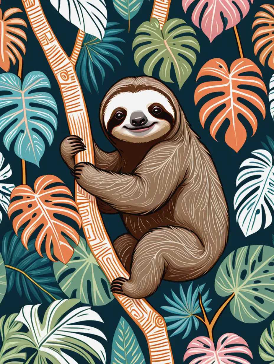 Tropical Botanical Pattern with Climbing Sloth Folk Art Illustration