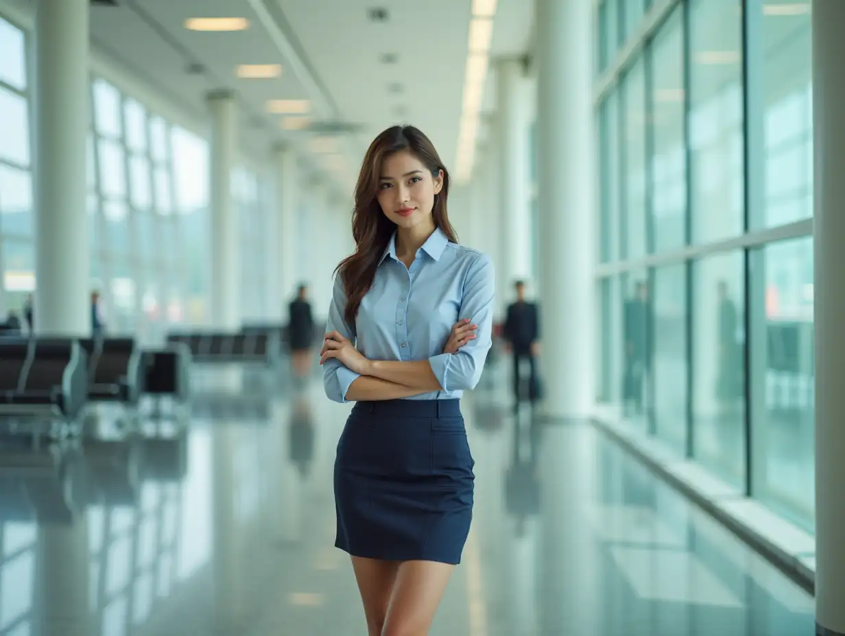 Beautiful 24 years old stewardess. Short skirt. Long legs. Posing in an airport.