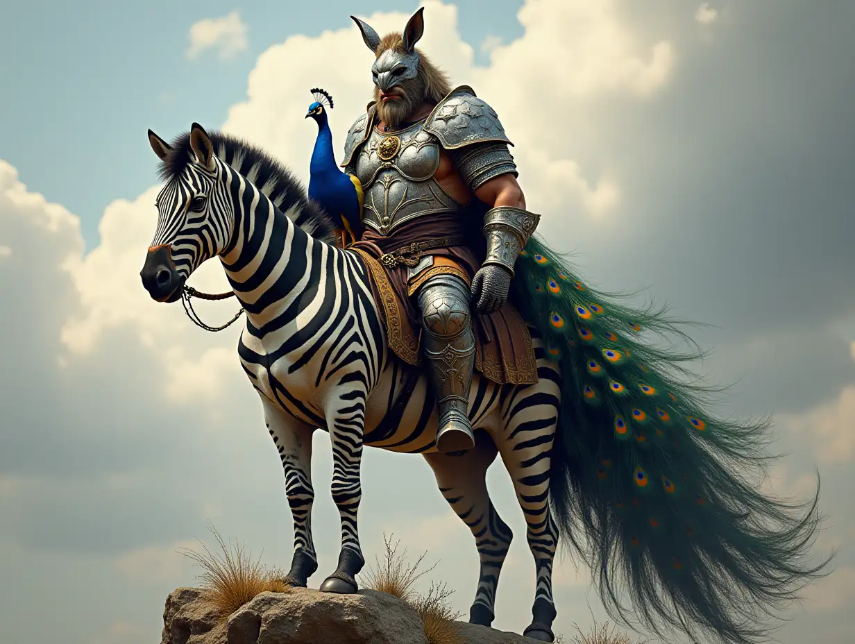 A very detailed photo. A full body representation of an Animal-Hybrid bodybuilder with knight armor and Zebra and Peacock on a rock