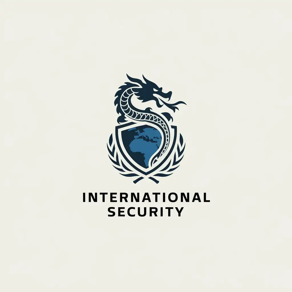 a vector logo design,with the text "international security", main symbol:Eastern dragon pattern, Earth, shield, colors a little simpler,Minimalistic,be used in Events industry,clear background