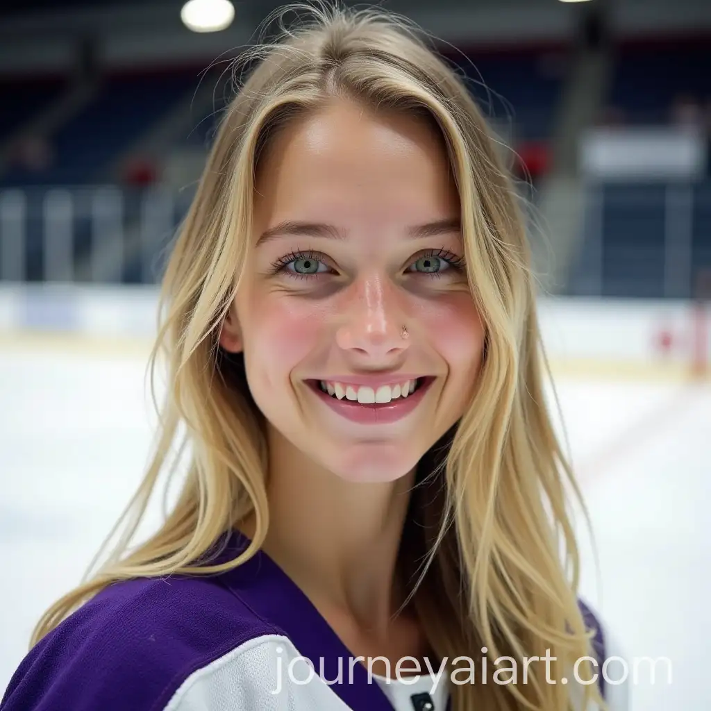 Joyful-Young-Woman-in-Hockey-Jersey-at-Ice-Rink