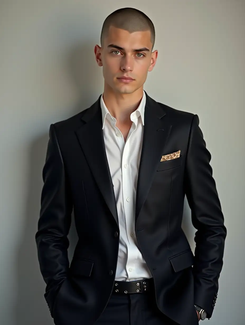 A picture of a young, attractive model with stylish clothing and a shaved head. and wear a suit