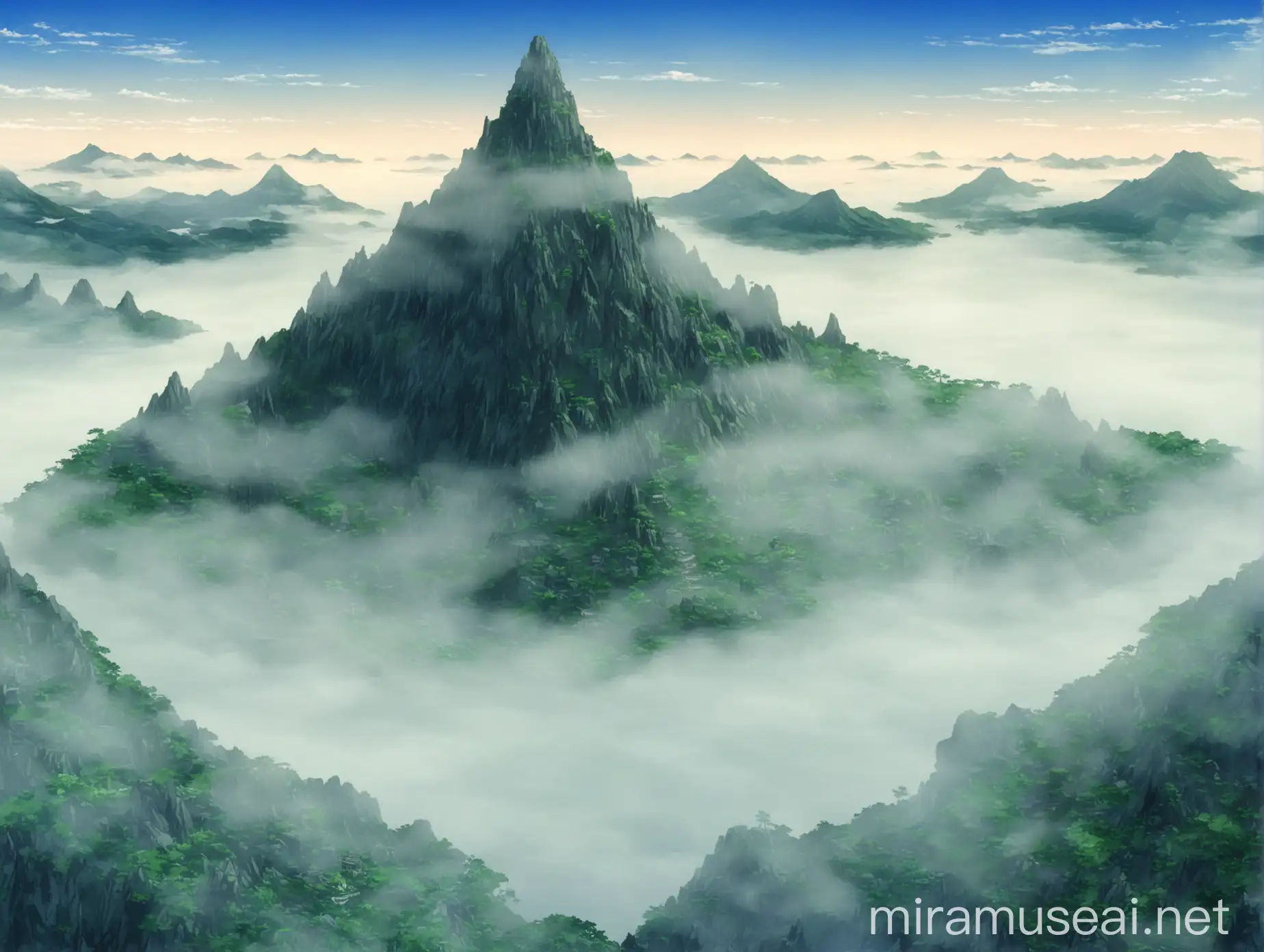 Mysterious Anime Mountain Isle Shrouded in Fog