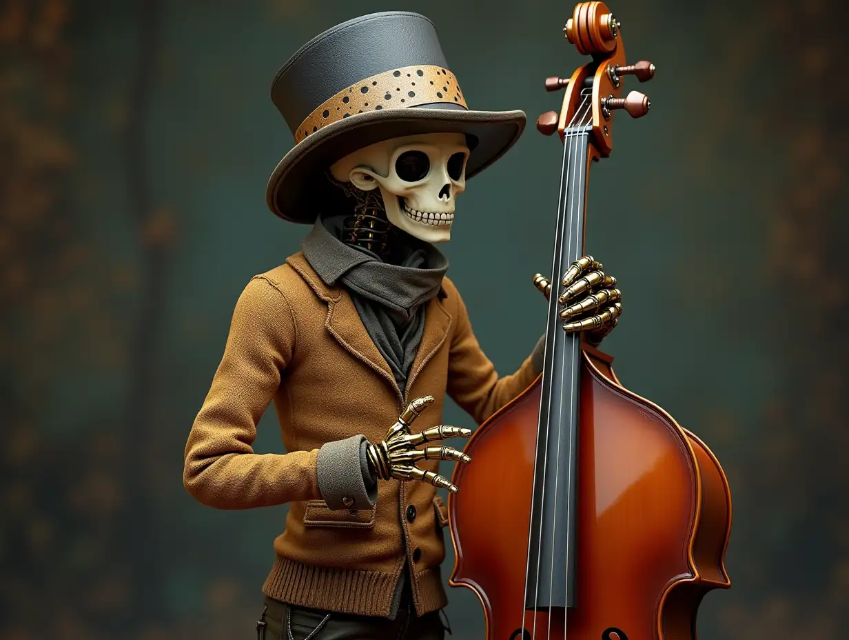 Create a high-resolution, realistic image of a robot with a skeletal body, golden porcelain hands and head, a sweater, a Steampunk top hat and a double bass in 4K resolution (Steampunk 8K quality)