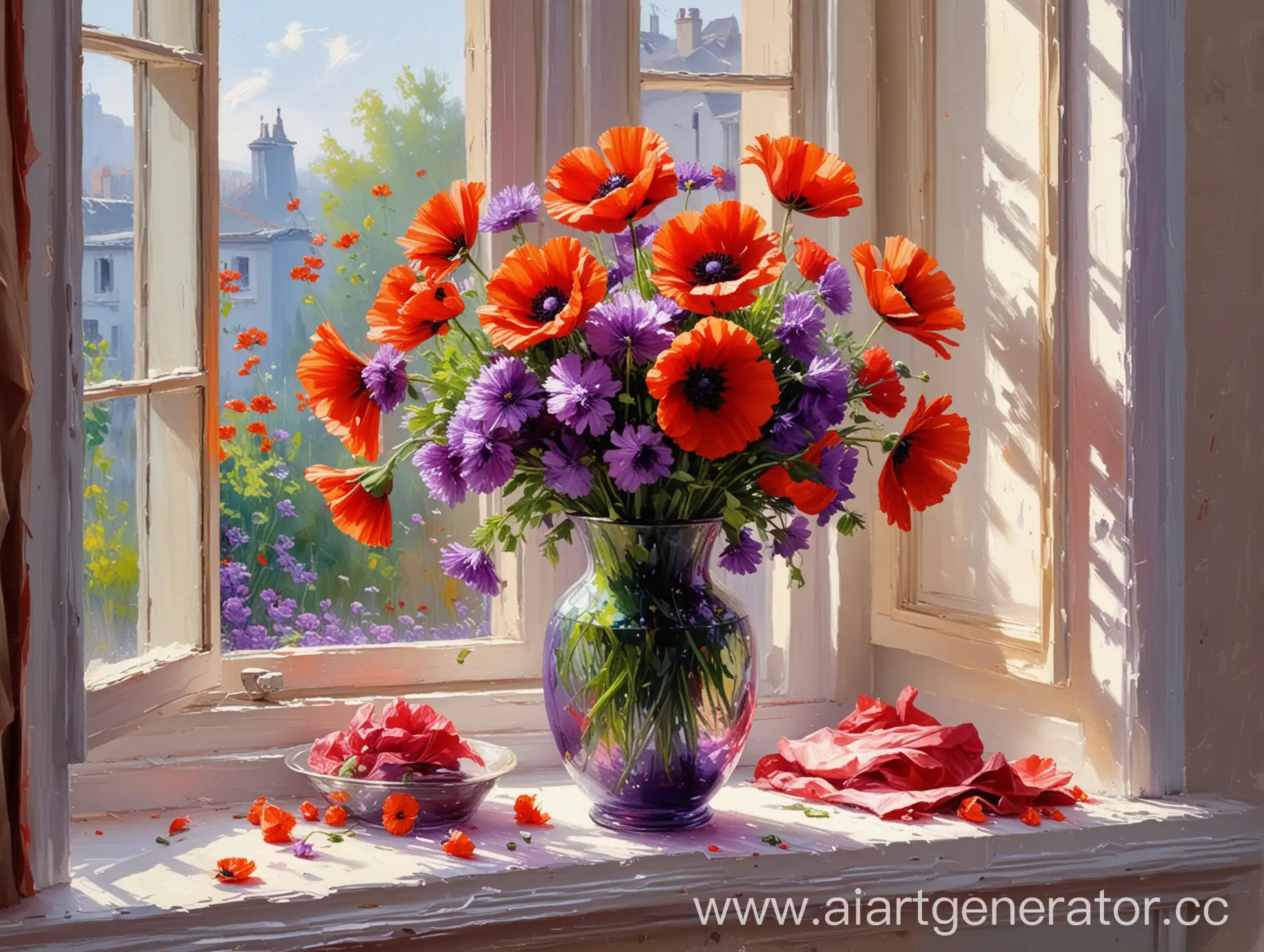 Impressionist-Luxurious-Purple-Pions-and-Red-Poppies-Still-Life