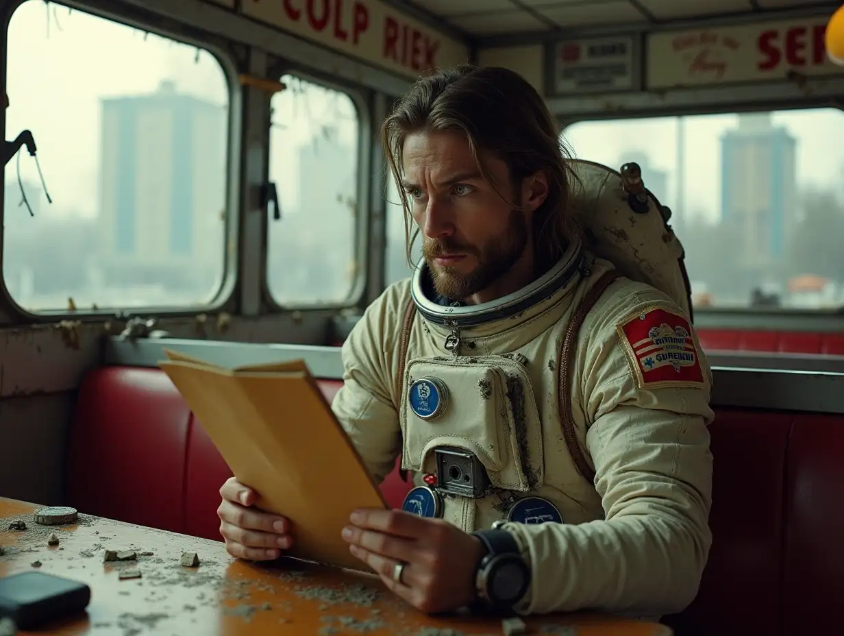 An astronaut, in a ragged old space suit, he has long hair and stubble. In is in a ruined city, sitting in a booth of a wrecked and ruined fast food restaurant, holding a menu in his hands and staring at it. Cinematic picture.