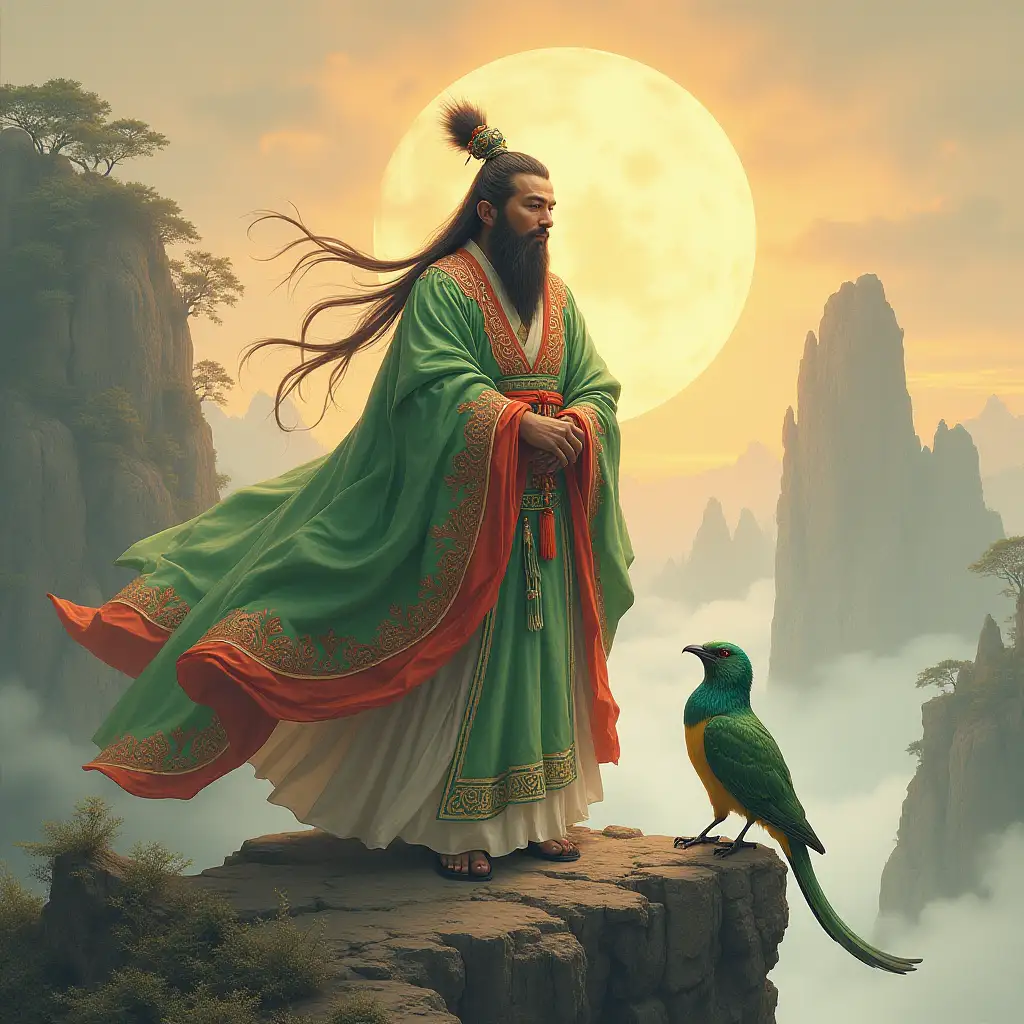 He is called 'the ancestor of ten thousand mountains', Kunlun Mountain, which is known in ancient people's mouth as 'the ancestor of dragon veins'. It is said that this Daoist god is a man-leopard body, holding the events of male and female cultivation ascension and exalted position, and his side is always accompanied by two green birds, responsible for serving and taking care of the West Queen Mother.