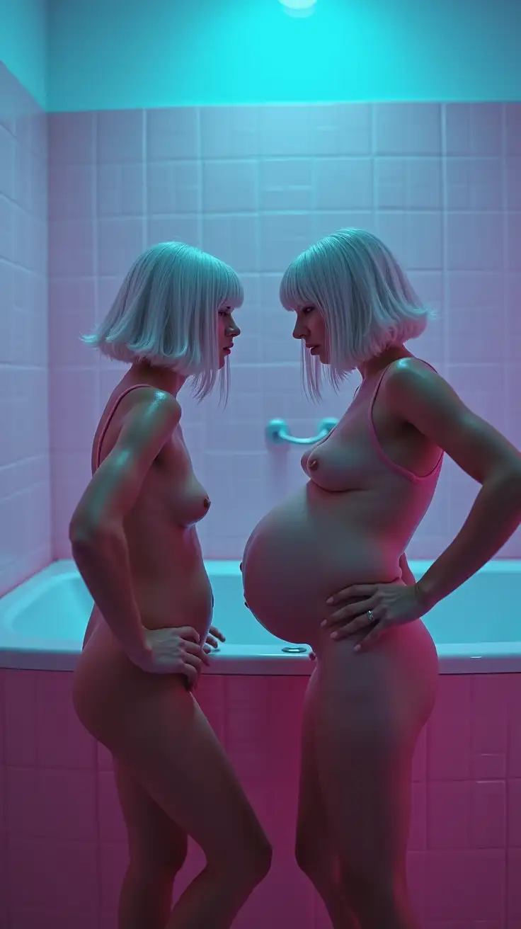 Two-Girls-in-Wet-Bob-Cut-Wigs-Posing-in-Pink-School-Bathroom-with-Blue-Lighting