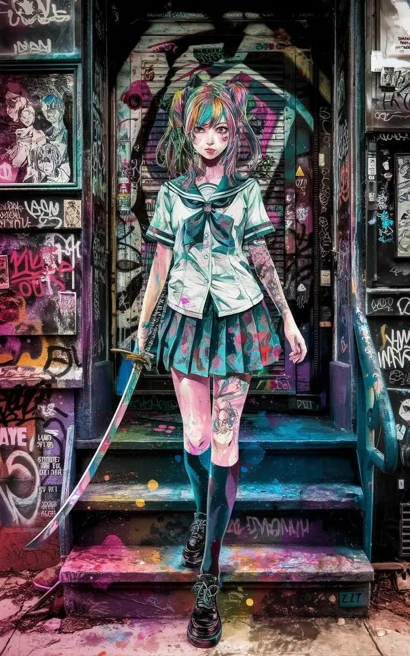 in low angle shot, Anime animated cartoon of A fantastical coloured ink sketch portrait of a beautiful anime girl in biopunk style wears high school uniform, adorned her skins with tattooes, she was walking on a dirt city stoop and carrying katana sword, graffiti background, Hyperrealistic and hyperdetailed elements, impressionistic masterpiece, colour splash and ink splatter techniques, vibrancy and texture, very cute sketch, ink Child Pen and ink wash and pastel sketch, Water colour 32K, digital graphics, UHDR, vibrant