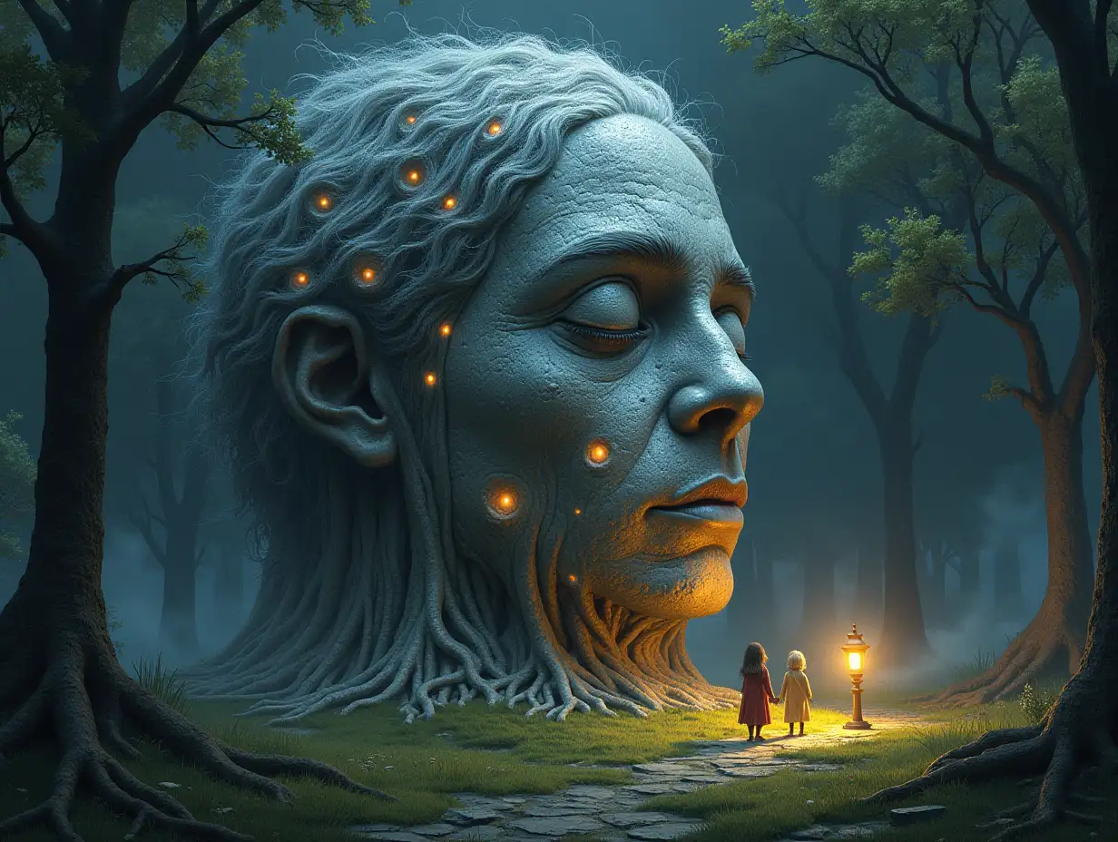 Creating a digital painting of a face with hair, that turns into a building with silver stones and illuminated trees with roots and lanterns and strange fairy beings on a lawn