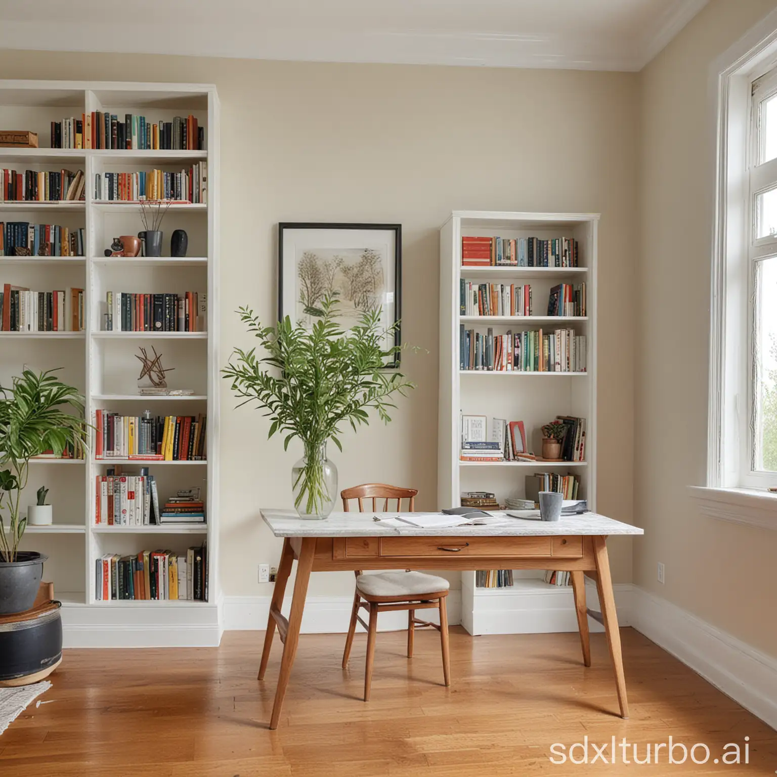 Neat-Desk-and-Bookcase-with-Vase