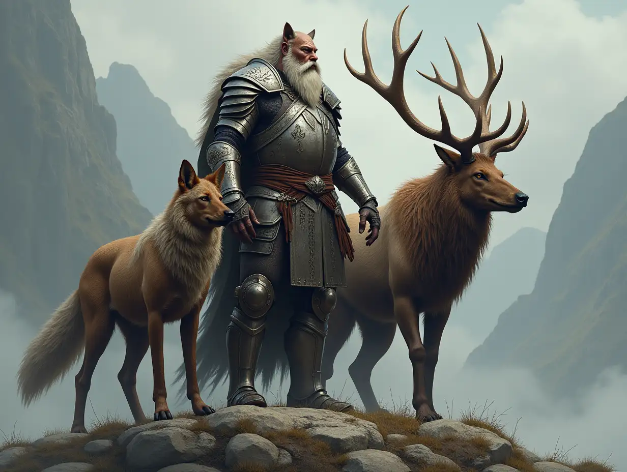 A very detailed photo. A full body representation of an Animal-Hybrid bodybuilder with knight's armor and elk and wolf on a rock