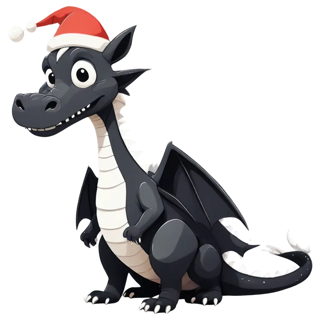 Black-and-White-Cartoon-Dragon-with-Christmas-Hat-PNG-Image