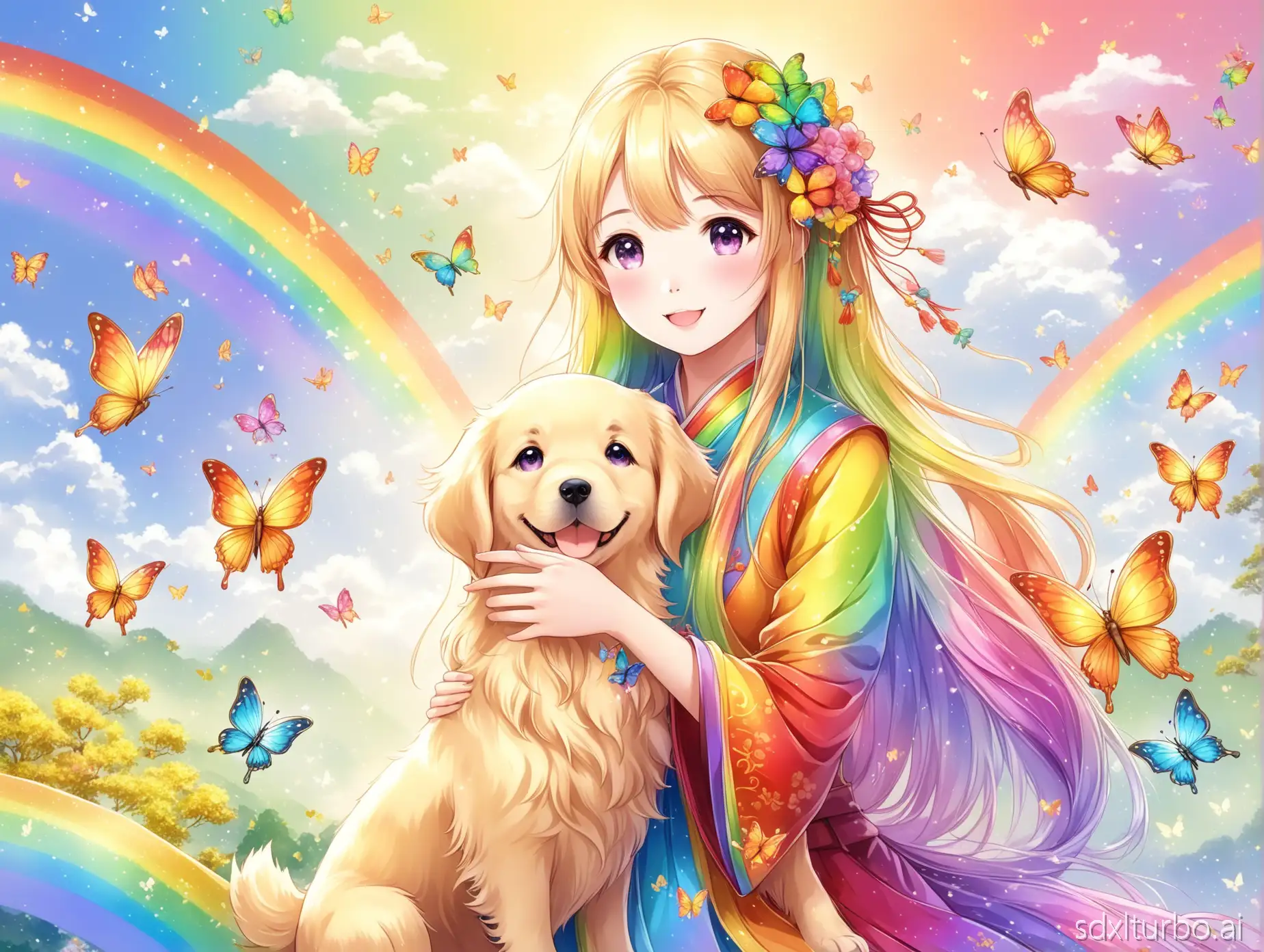 rainbow, fairytale, very beautiful anime style, long hair, extraordinary beautiful sweet chinese lady, very warm, loving, friendly, positive vibes, with butterflies, rainbow, golden retriever puppy beside