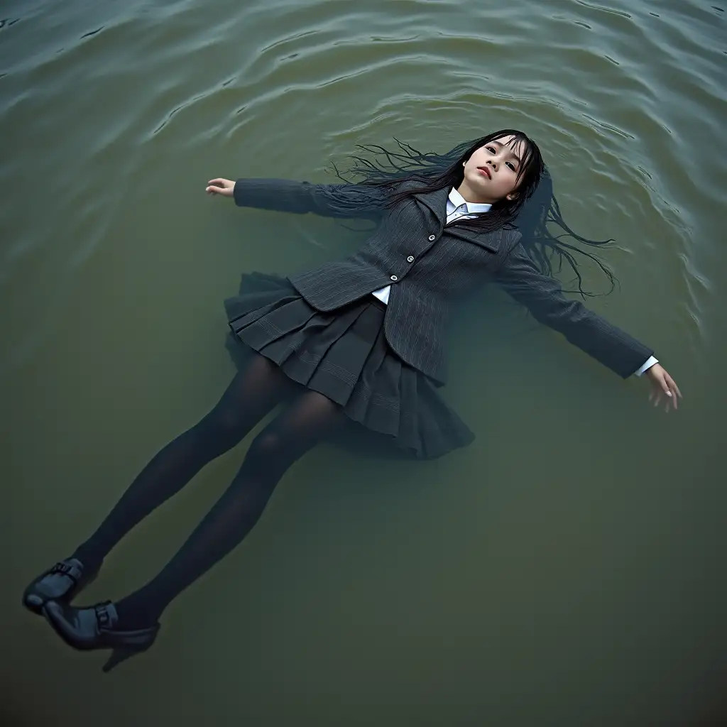 A young schoolgirl in a school uniform, in a skirt, jacket, blouse, dark tights, high-heeled shoes. She is swimming in a dirty pond, lying underwater, all her clothes are completely wet, wet clothes stick to her body, the whole body is under water, submerged in water, under the surface of the water, below the water's edge.