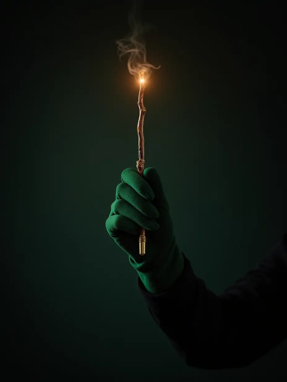 A thin magical wand in a woman's hand with a velvet green glove on it