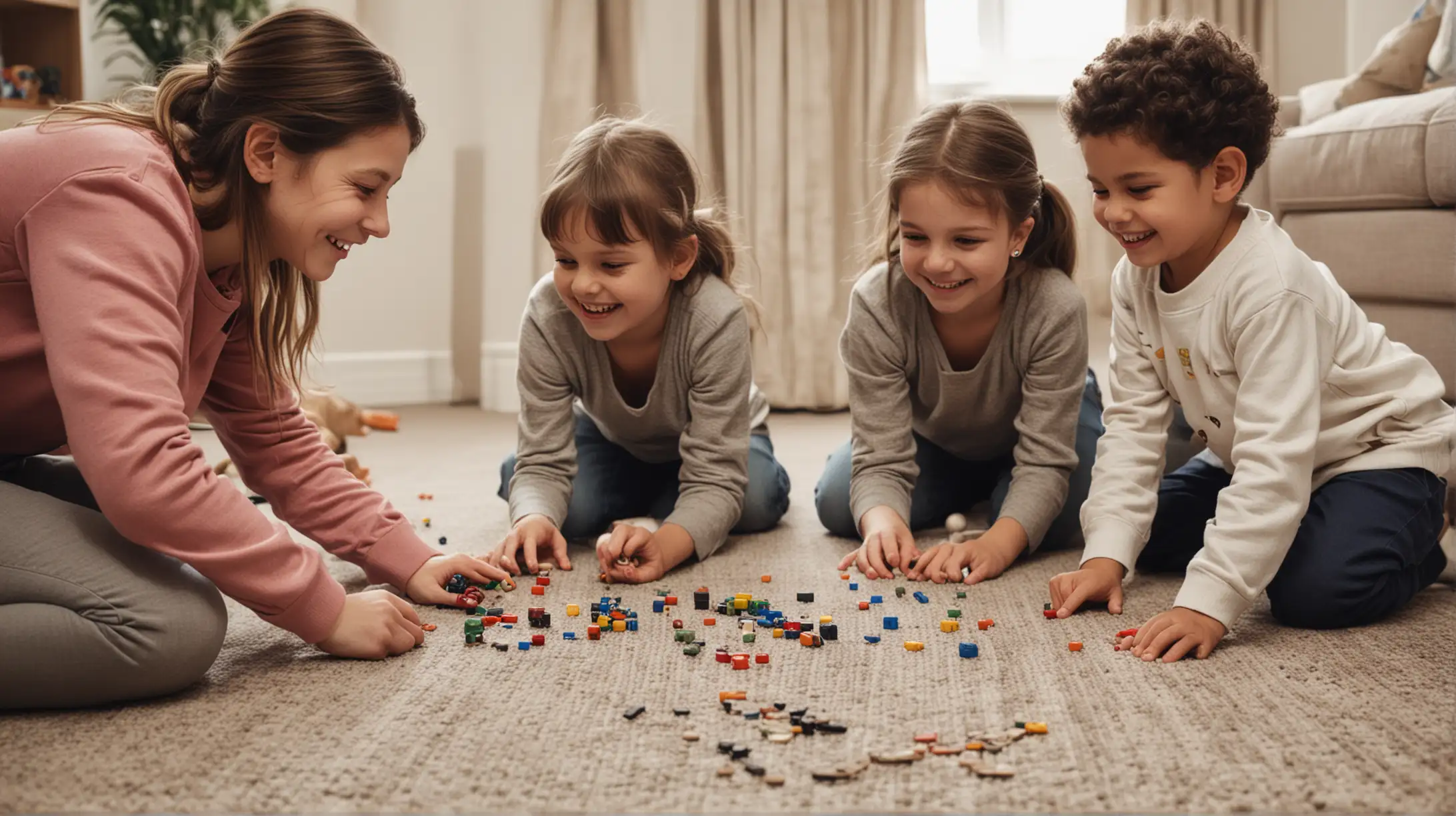 Joyful Children Playing with Adults on Carpet