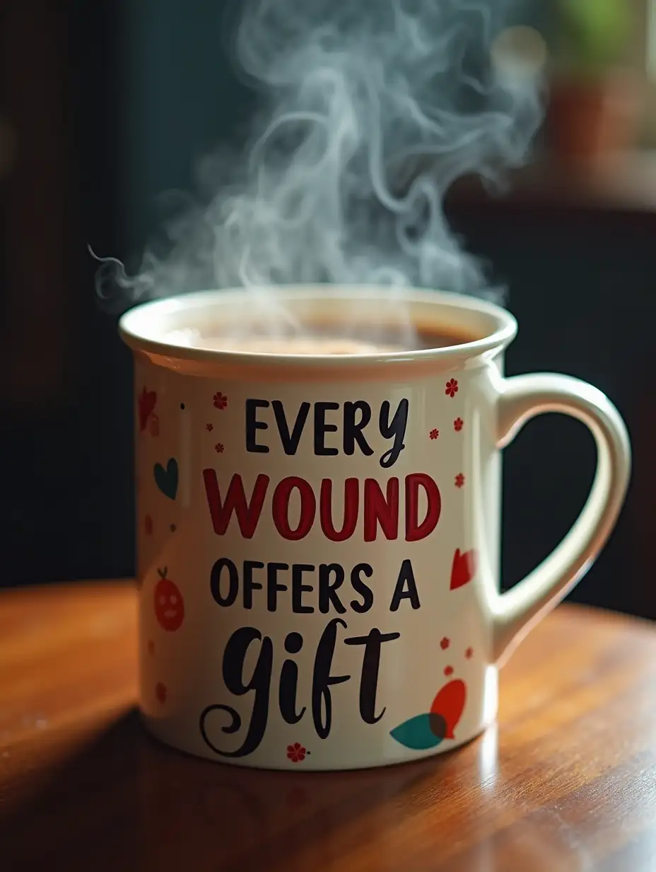 An extra large mug labelled as 'Every wound offers us a gift'. and smoke coming out of mug because of hot drink and background is very blurry and mug is very large and close to screen. mug is colourful and beautiful