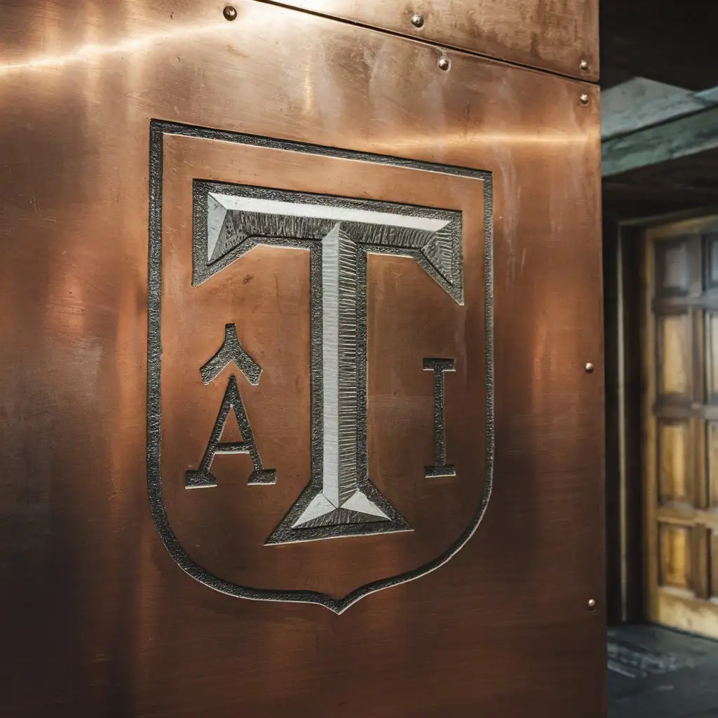 a shield etched into a copper metal wall with a large letter T with the letters A and I under the T, with the A to the left and I to the right of the trunk of the T