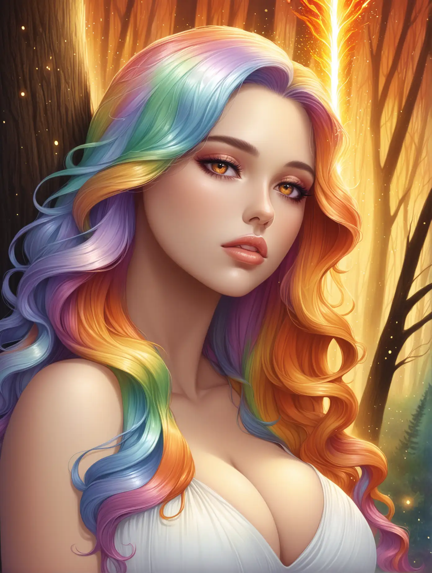 Portrait of a Beautiful Woman with Rainbow Hair in Forest Setting