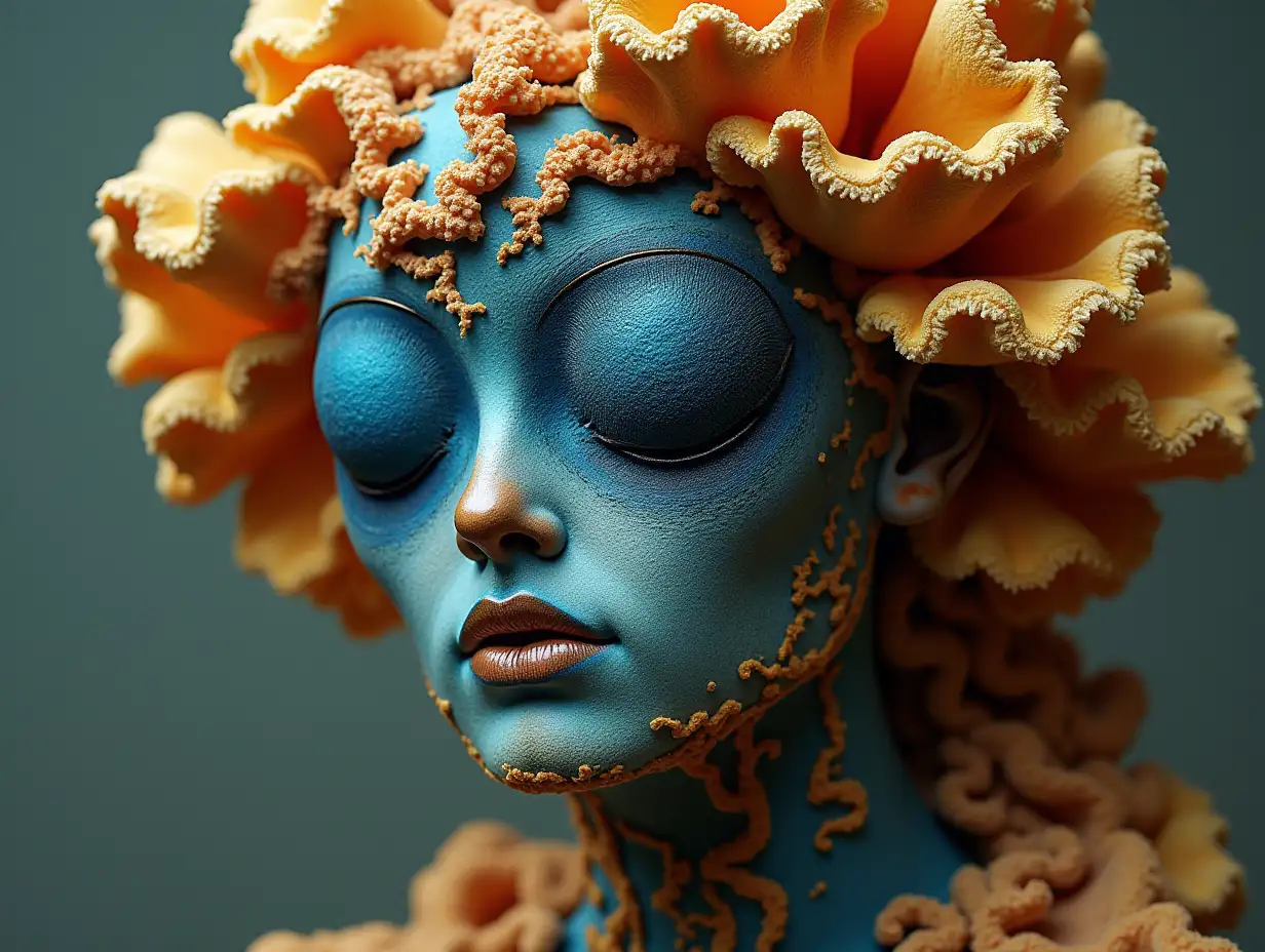 Face with blue Fly AgaricnRoots transformed into building