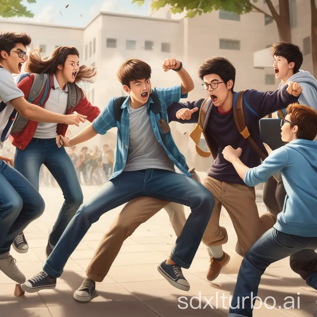 a group of students are kicking another student