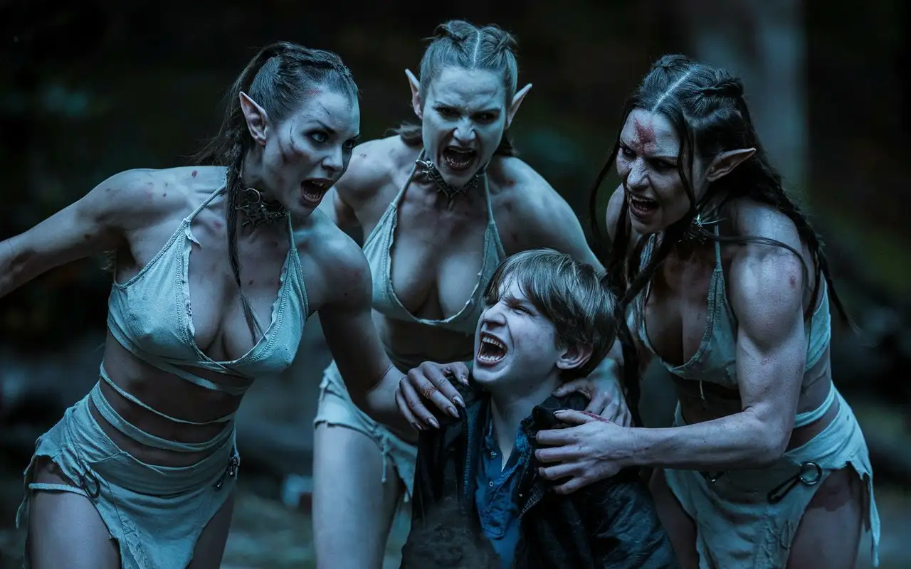 Cinematic-Scene-of-Three-Orc-Female-Manhunters-Attacking-a-Teen-Boy-in-Light-Clothing