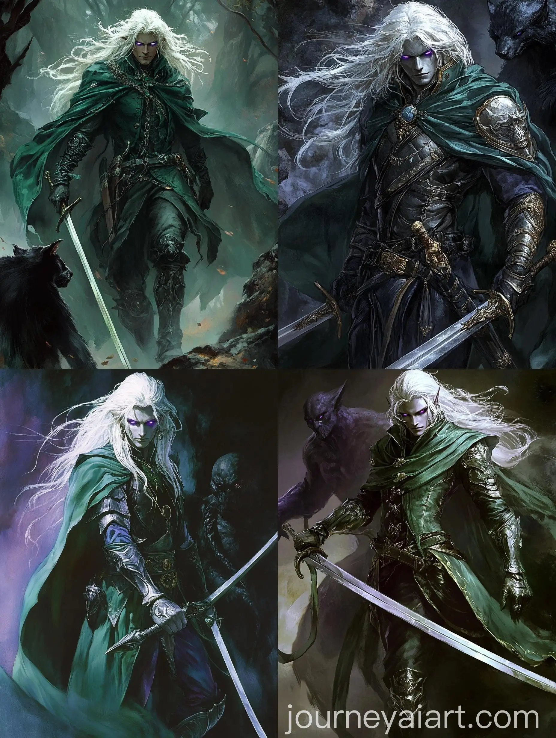 Handsome-Male-Drow-in-Green-Cloak-with-Twin-Swords-and-Black-Panther