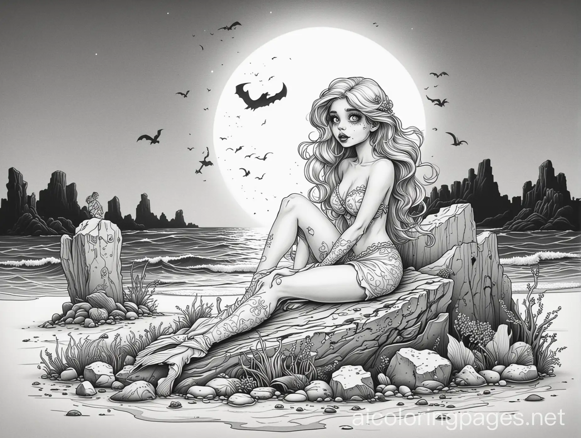 Zombie-Little-Mermaid-Sitting-on-Rock-at-Night