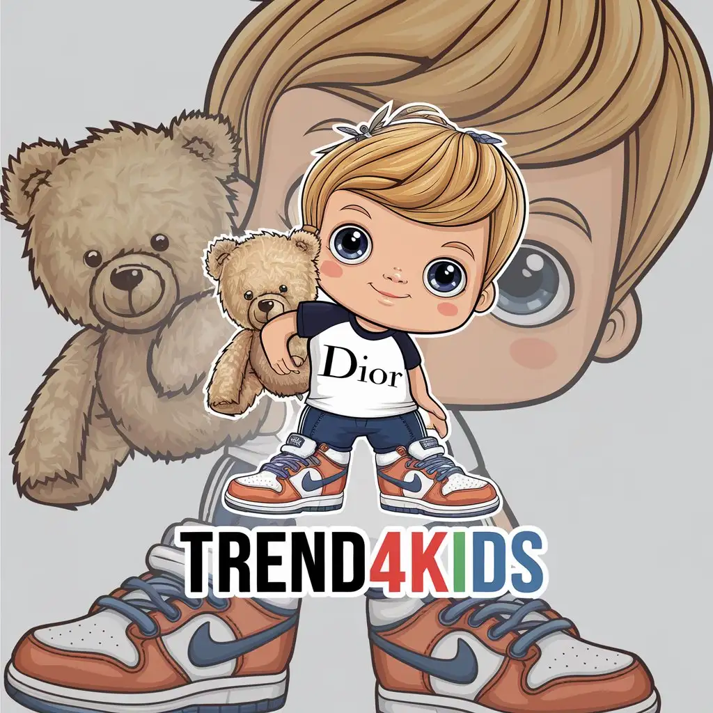 a vector logo design,with the text "Trend4kids", main symbol:Cute young boy with blonde hair in sneakers nike , t shirt dior and toy bear,complex,be used in Kids shop industry,clear background