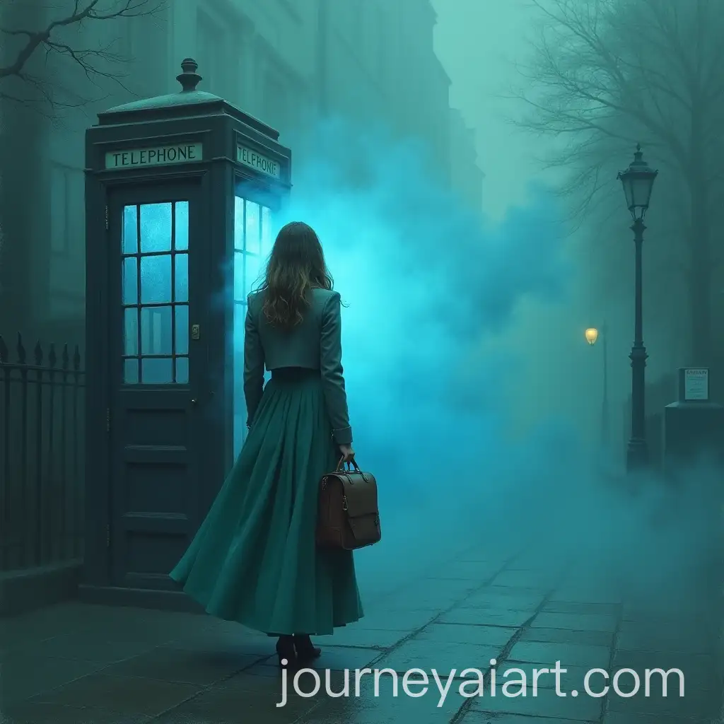 Woman-in-Turquoise-Dress-Approaching-a-Ghostly-Telephone-Booth-on-a-Foggy-Victorian-Street
