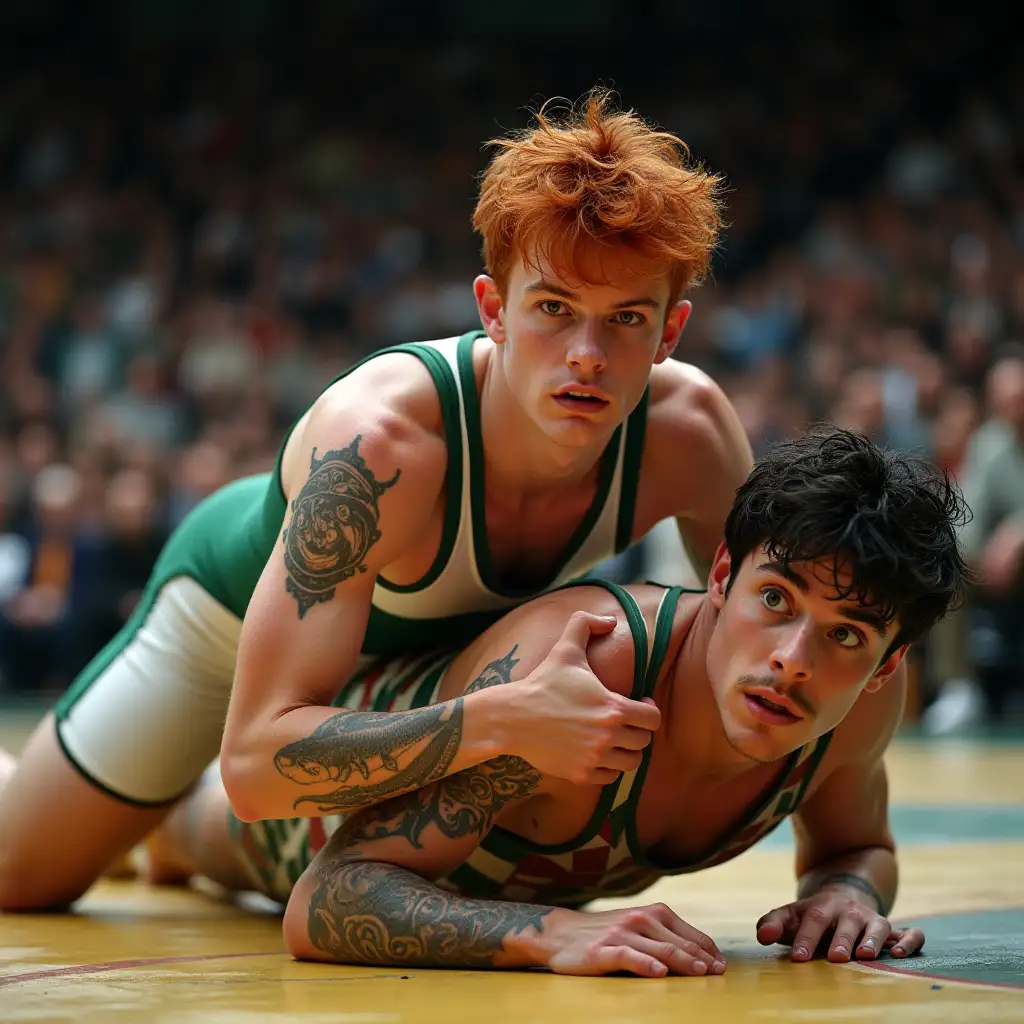 The scene is a celebration of youthful vitality, sportsmanship, and the beauty of competition. Two 19-year-old college wrestling lightweight champions, both weigh 60 kg, are locked in a fiercely intense wrestling match within the vibrant backdrop of a packed college gym. A white Irish redhead, with a charismatic eyes and angular features, stands out in an white singlet with emerald green piping, which accentuates his lean, fit physique. His freckled skin and messy hair add a touch of mischief to his athletic presence. His opponent, a  black haired Italian young man, exuding confidence with a square jaw, deep green eyes, striking eyebrows, and a very narrow waist. He has extensive octopus and koi arm tattoos peeking from beneath his graphite and white harlequin diamond-pattern singlet. In this scene, the redhead is captured on all fours on the floor. The Italian's arms are wraps tightly around his waist, a move that not only  hints at a moment of victory as he lifts his opponent slightly off the ground. Sweat beads glisten on their strained muscles, reflecting the gym lights. Close-up view.