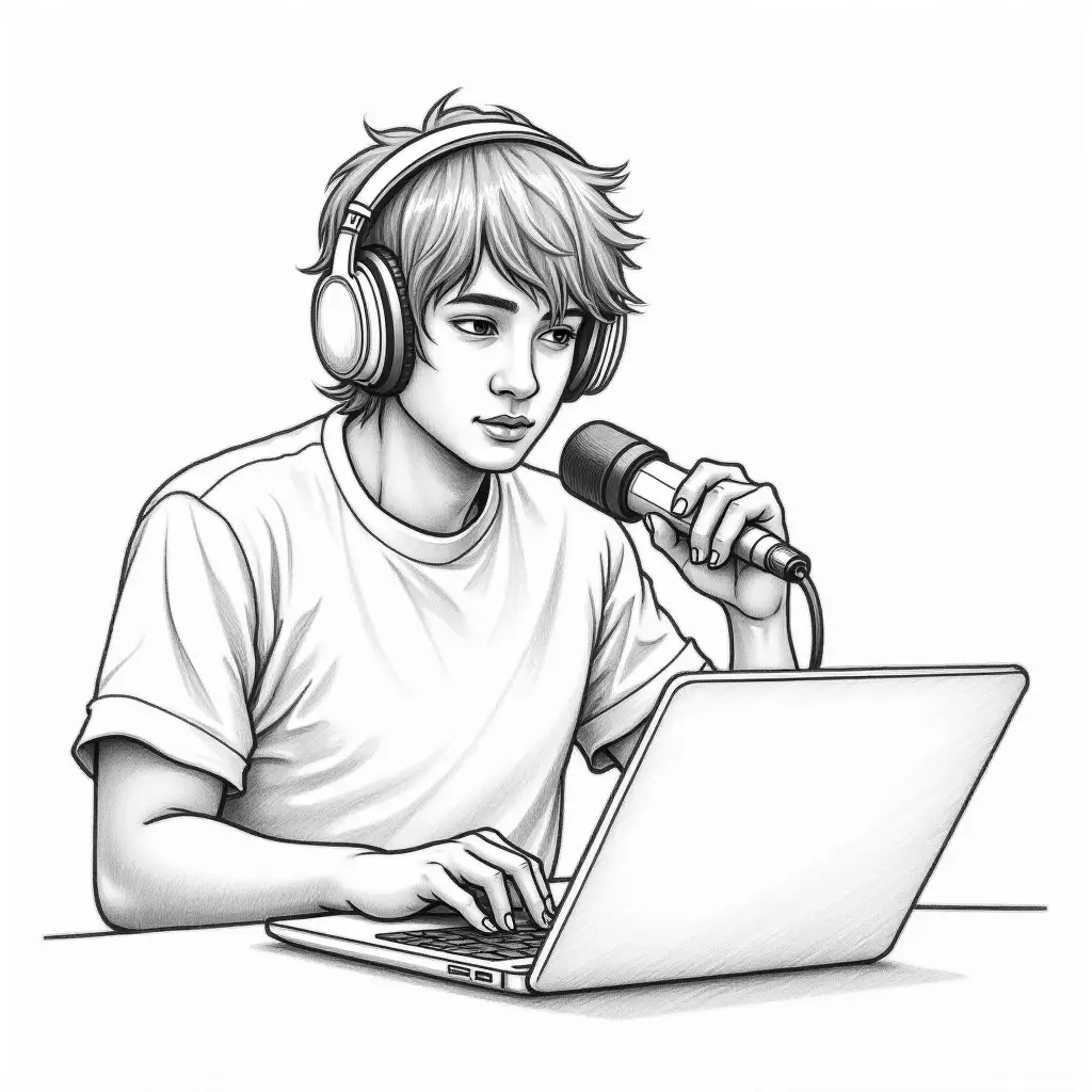 streamer in Esports, (with a laptop and microphone), pencil drawing, white background