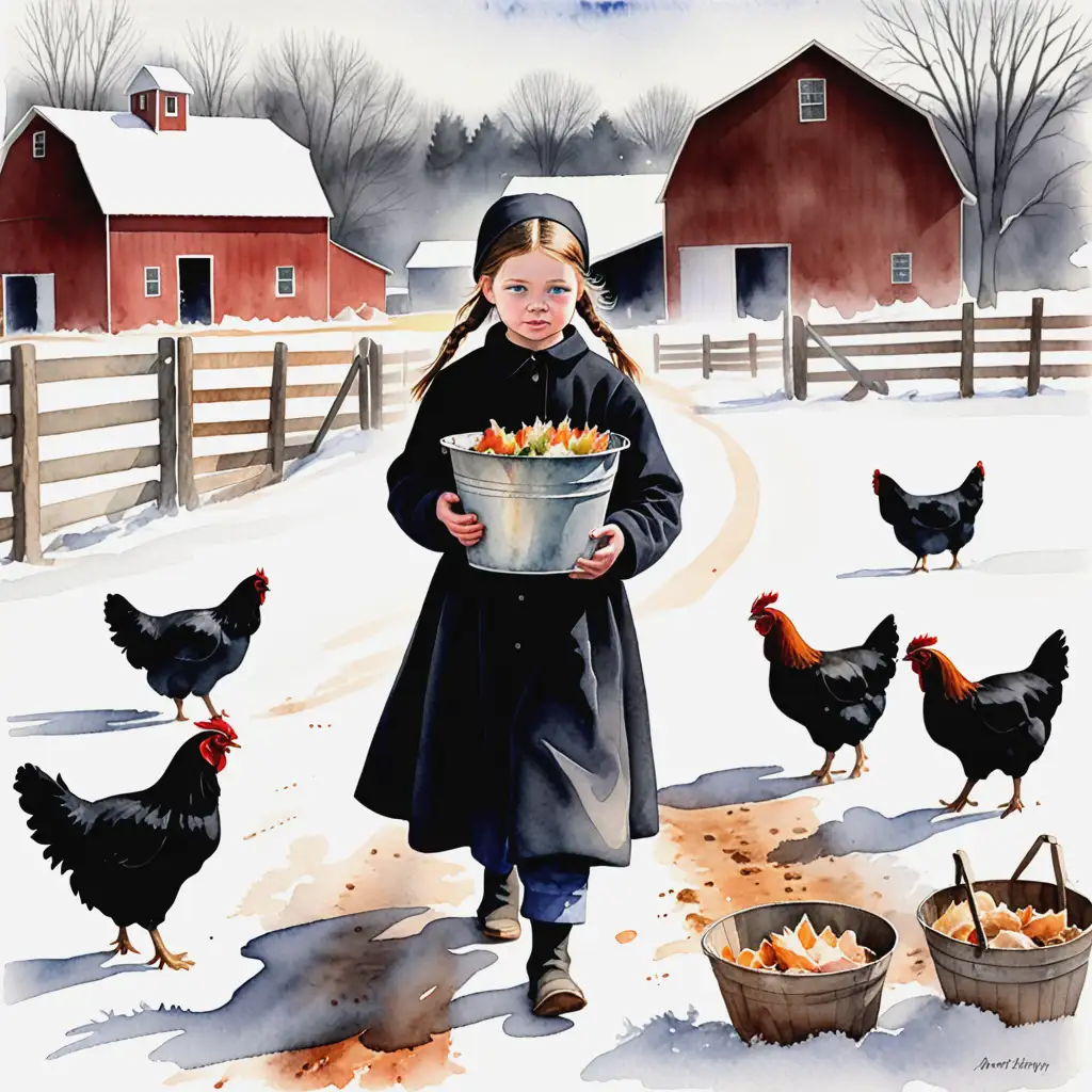 Young Amish Girl Feeding Chickens in Winter