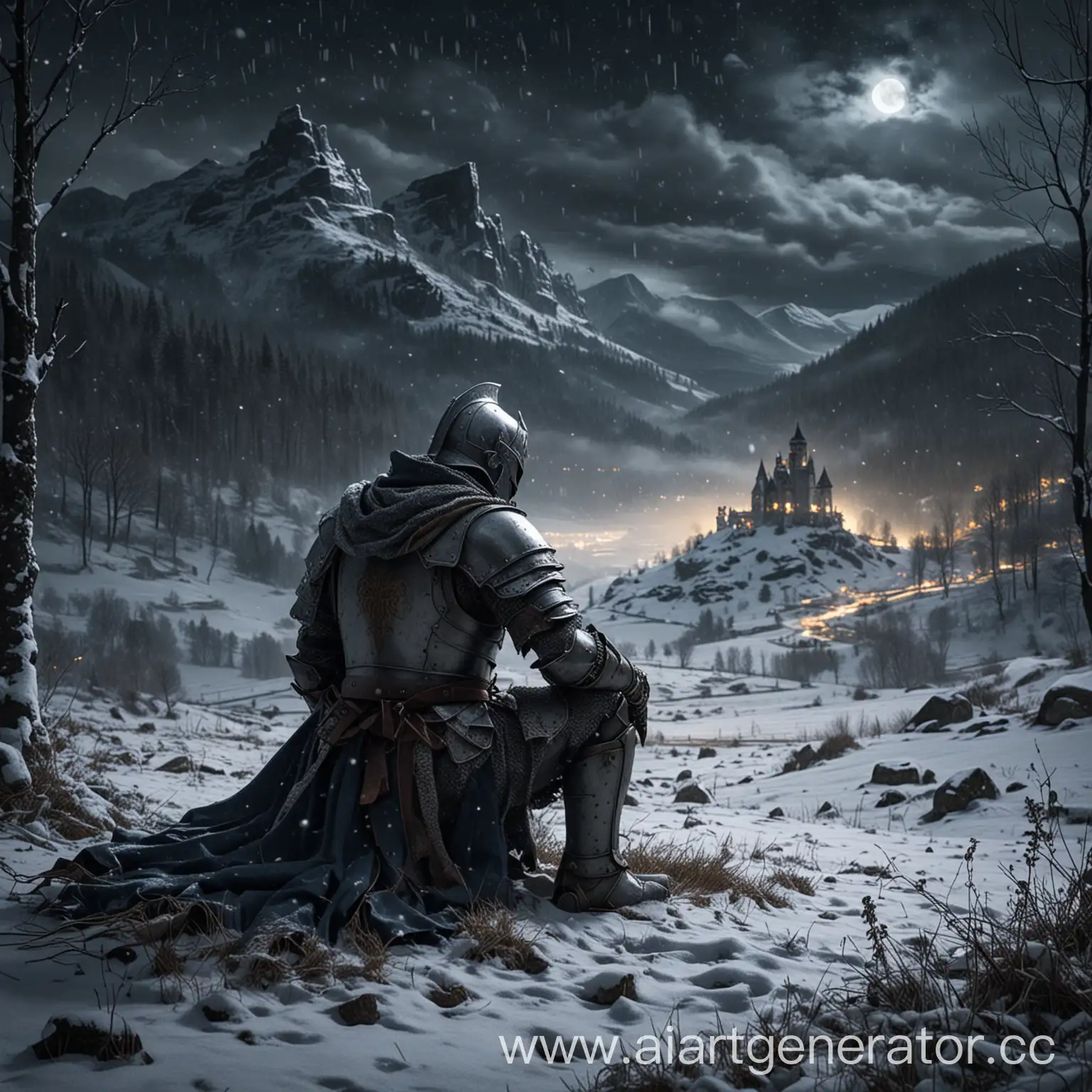 Knight-Sitting-in-Snowy-Field-with-Mountains-and-Forest