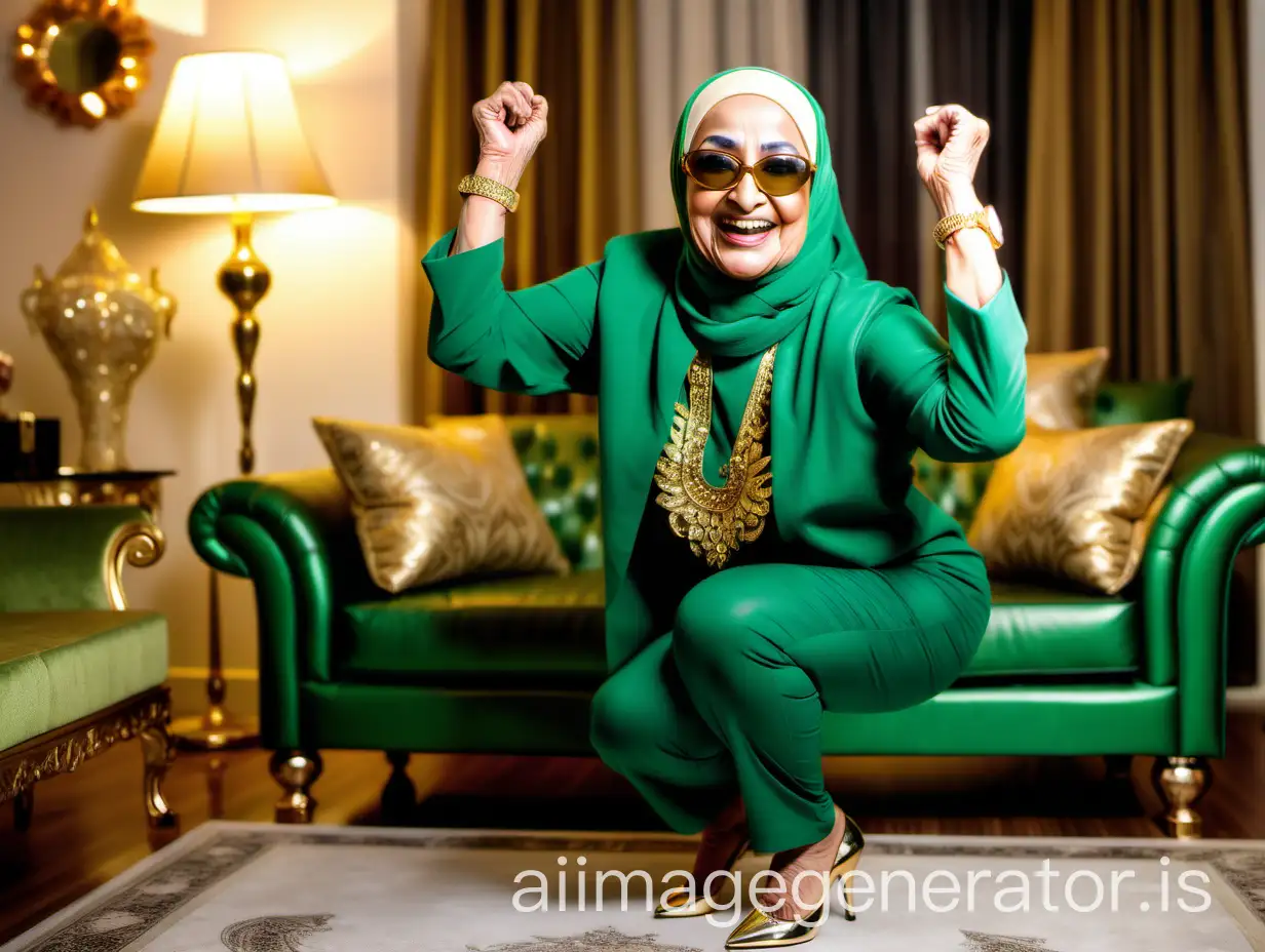 Elderly-Muslim-Woman-in-Green-Hijab-Doing-Squat-Exercise-at-Luxurious-Home