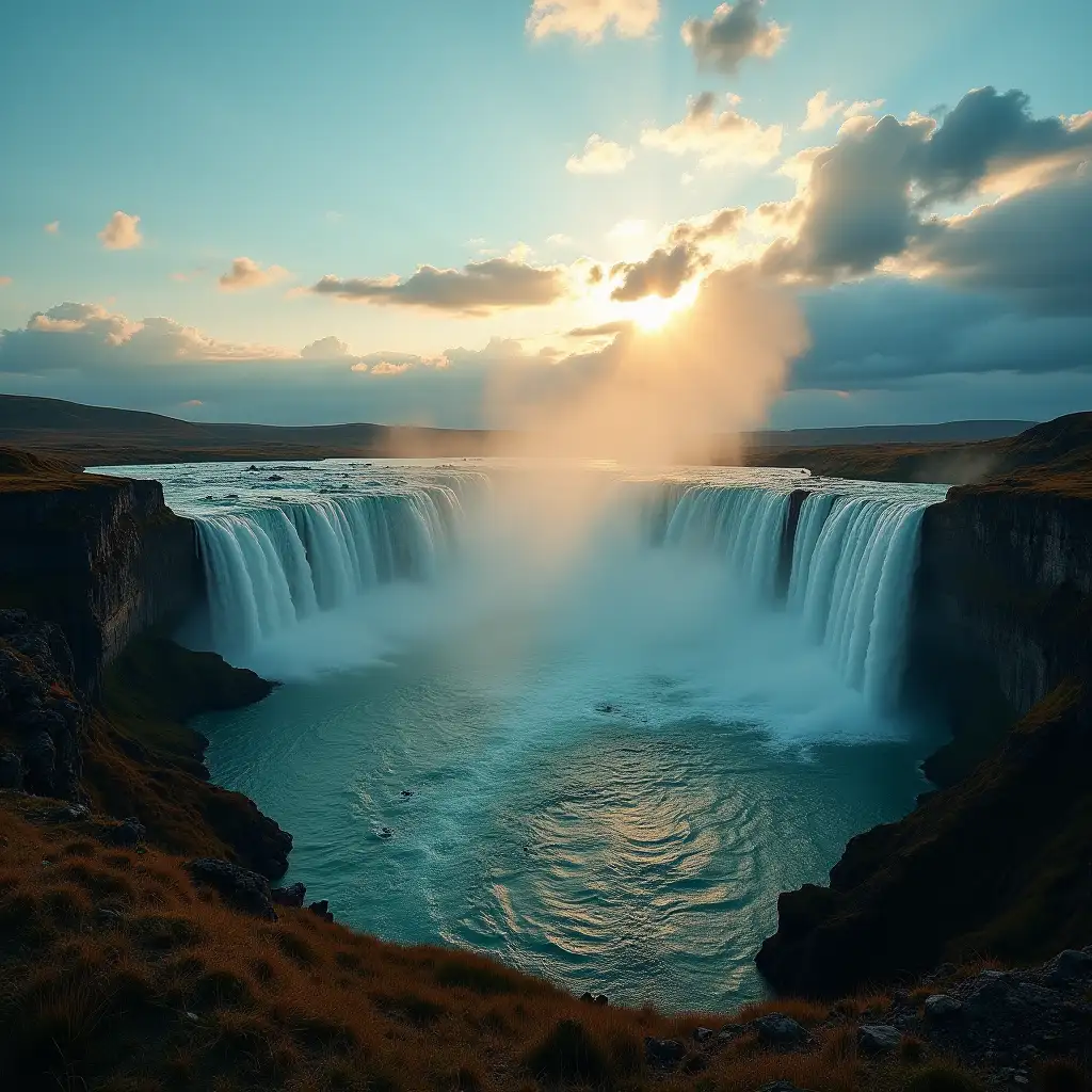 In this image we can see a waterfall at dawn. In the last plane of the image we can see two parts, left and right. On the left we can see a turquoise sky very dark and on the right an accumulation of clouds dilated by the clarity of the morning sun. Below the sky and the clouds we can find a row of mountains, not as high as Everest, but being mountains after all they are tall, in addition to being tall they are also tall and dark. In the foreground we can see waterfalls from which jets of gold fall. When the brilliant water hits the lake it seems that cream comes out. These resplendent waterfalls fall and join with the lake that they themselves have created inside a round crater that looks like it was made by a meteorite. In this image, the color of the sky can be highlighted, which is almost the same as the lake, the clouds that cover the sun can also be highlighted...