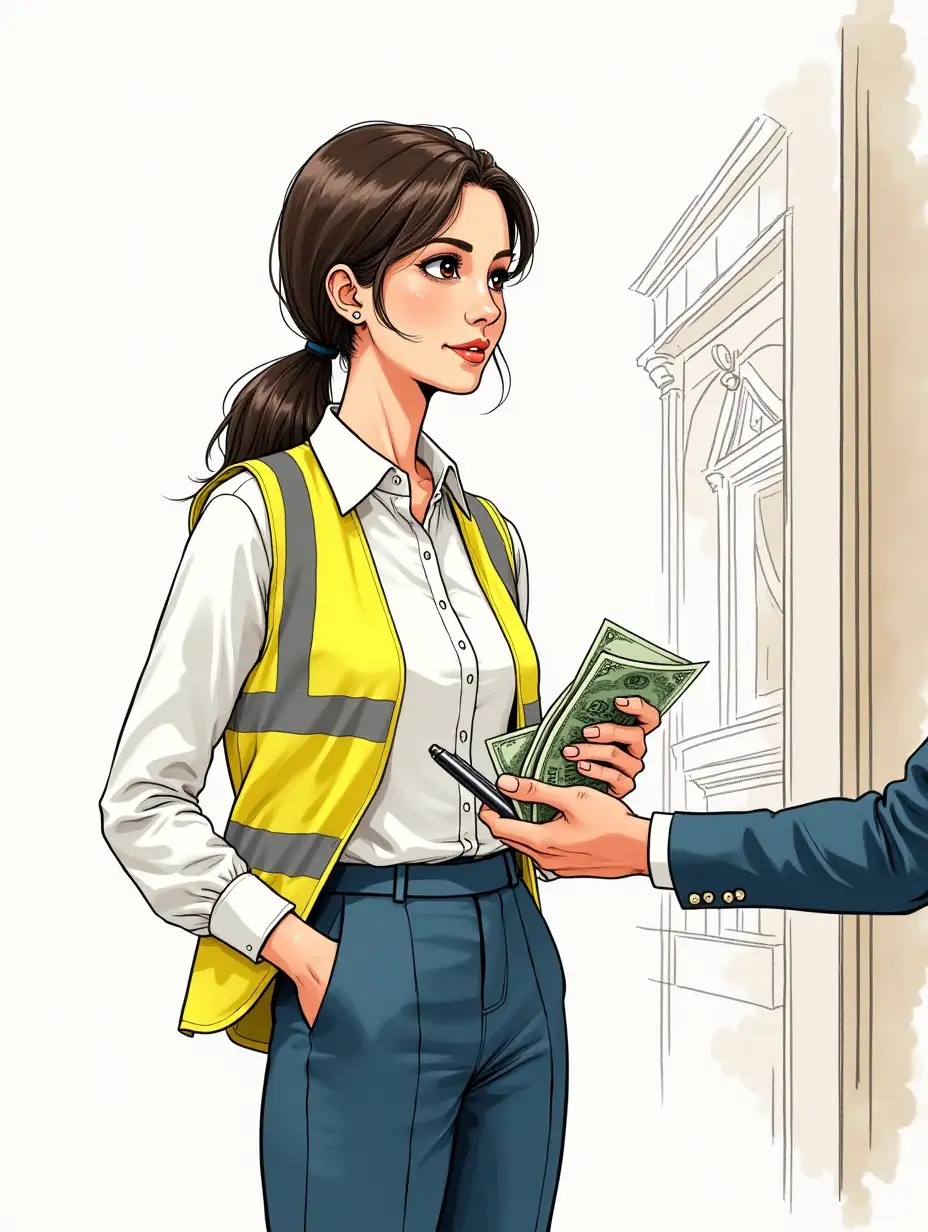 A modern, detailed ink sketch depicting a female engineer receiving cash from apartment owners in a professional yet courteous gesture. She has an oval face with delicate features, deep brown eyes filled with focus and professionalism, and dark brown hair falling just below her shoulders, tied in a low ponytail. She wears well-fitted trousers in Pearl Night Blue, a button-up white shirt, and a yellow reflective vest. She stands across from the apartment owners, who are handing her a stack of banknotes—she checks the amount while instinctively reaching for a pen, as if about to issue a receipt. The background is minimalist, suggesting a newly renovated apartment or a design office, with subtle architectural details in the background. Strong contrast and dynamic shading give the illustration a professional and precise look.