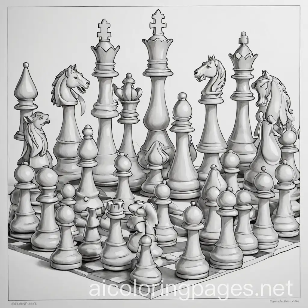 hidden picture puzzle with chess pieces to find and color, Coloring Page, black and white, line art, white background, Simplicity, Ample White Space. The background of the coloring page is plain white to make it easy for young children to color within the lines. The outlines of all the subjects are easy to distinguish, making it simple for kids to color without too much difficulty