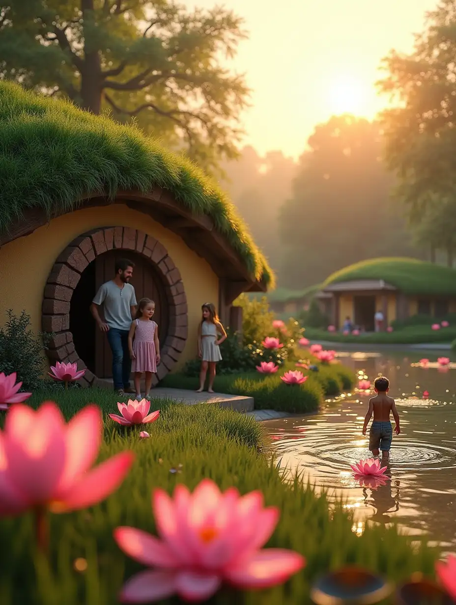 close-up - a guy holds one half of a round door by the door handle and opens it slightly into a hobbit house, and a girl and a child are standing next to him - they are all happy, the hill of the hobbit's house is not big, and to their right there is a view of the shore of a large pond with large pink water lilies, and on the edge of the shore near the water a man and a child are playing, on the other side of the pond with large pink water lilies children and other people are walking and playing by the water, on the other side there is also a simple a wooden pergola and a chalet house with panoramic windows in all walls from floor to roof, that is, each wall is a panoramic window, everything else around the pond is a minimalist landscape design, a sunset sunny day and a lot of sunset sunlight, The foreground is in focus and the background is blurred