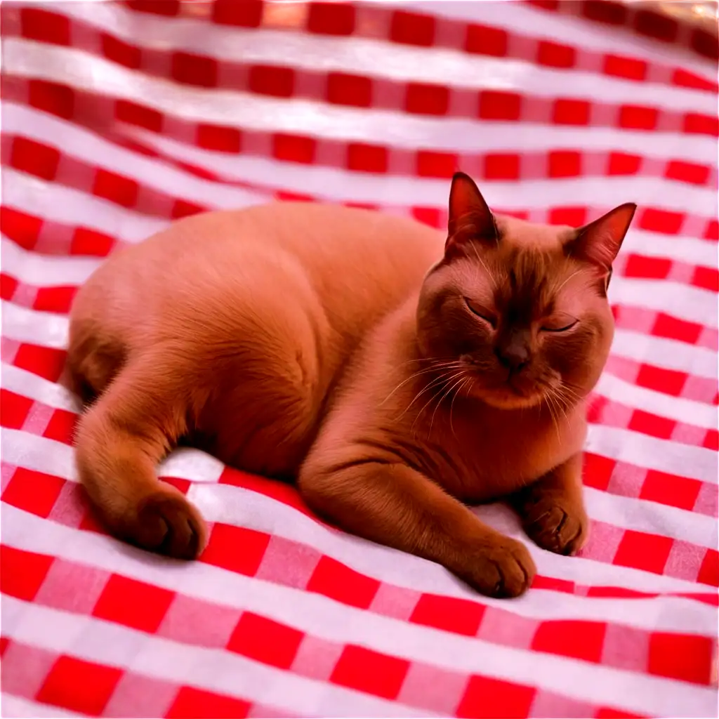 Burmese-Cat-Sleeping-on-a-Red-and-White-Square-Tablecloth-HighQuality-PNG-Image-for-Versatile-Use