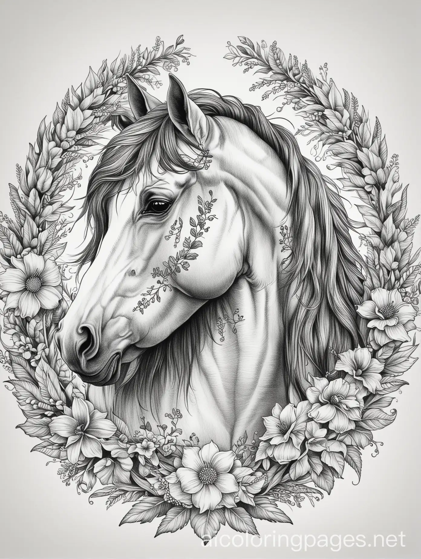 Intricate-Rugged-Stallion-Horse-Coloring-Page-with-Flowery-Wreath-Border