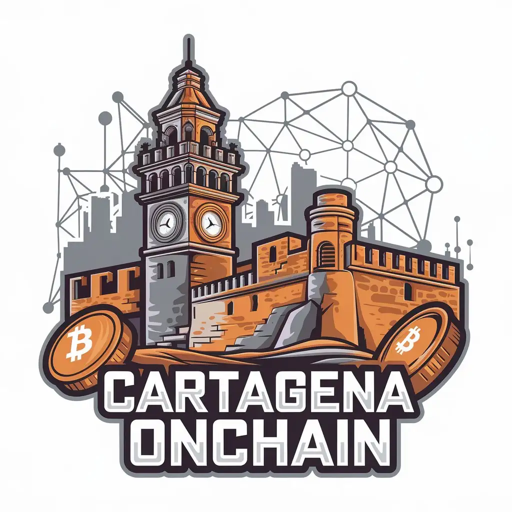 LOGO Design For Cartagena Onchain Tower Clock with Cryptocurrency Nodes and Old Town Walls Theme