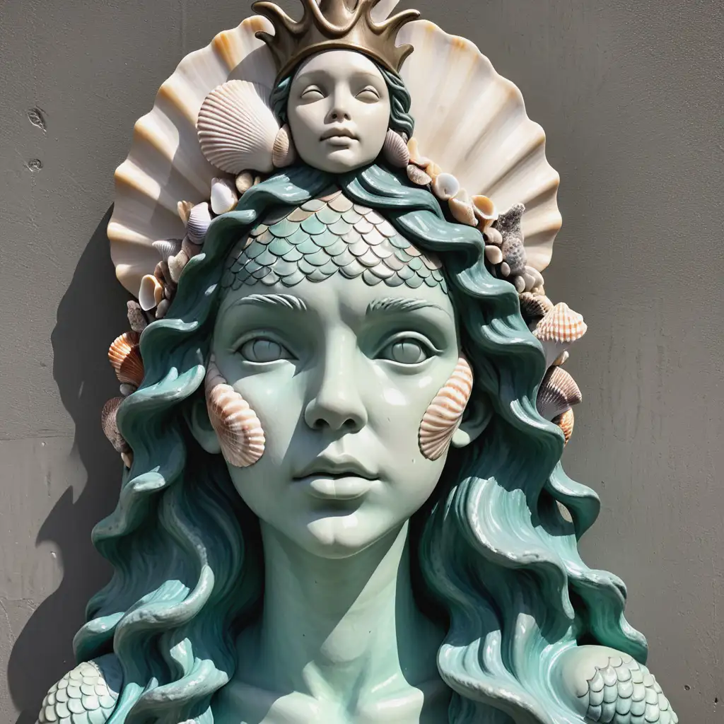 Mermaid women sculpture face with shells crown and scale on face