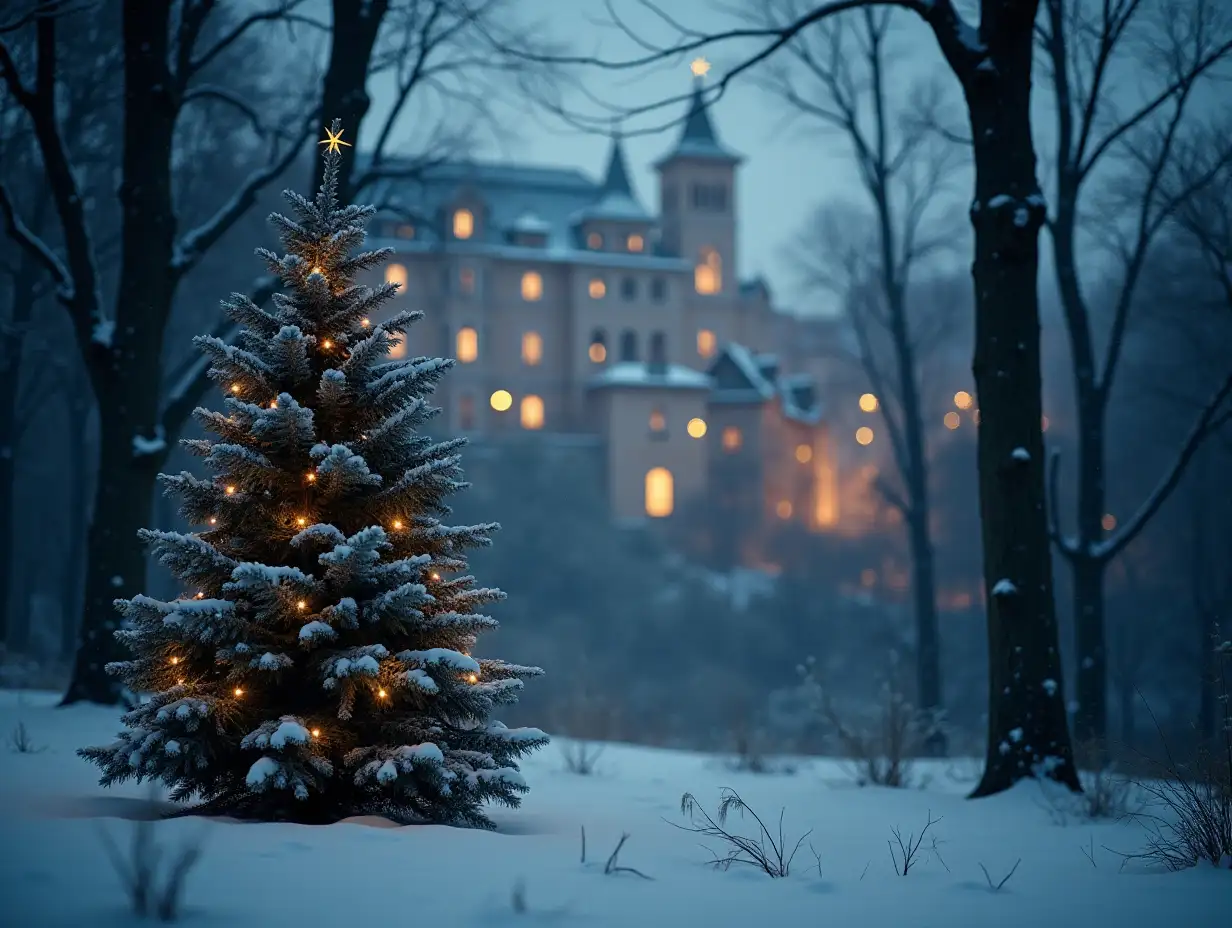 A CHRISTMAS FOREST SCENERY, WITH SNOW AND A TREE. IN THE BACKGROUND AN OLD CITY WITH LIGHTS IN THE WINDOWS. CINEMATIC SETTING WITH A LOT OF CONTRAST