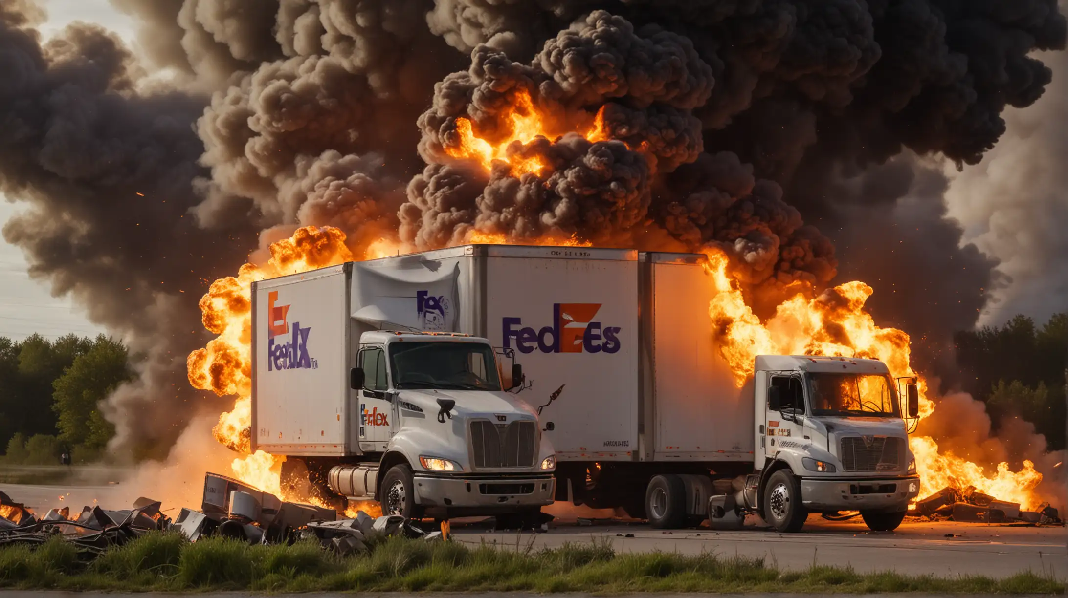 Fiery FedEx Truck Collision with Dramatic Nature Background