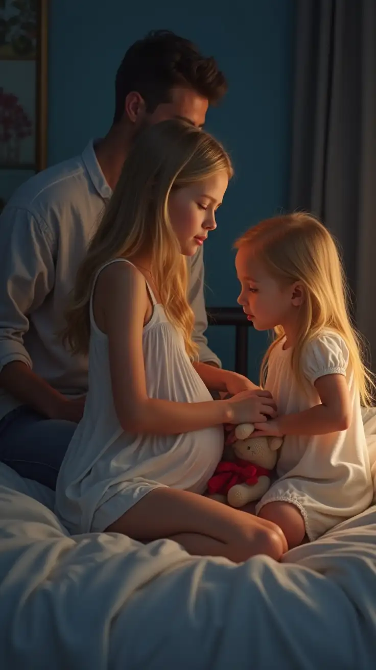 photorealistic image of a slender young girl tucking a little girl into bed at night while their father watches, holding an infant. older girl has long blond hair and is wearing a short satin nightgown covering a pregnant belly. younger girl is holding a stuffed animal, wearing a Cotton nightgown.