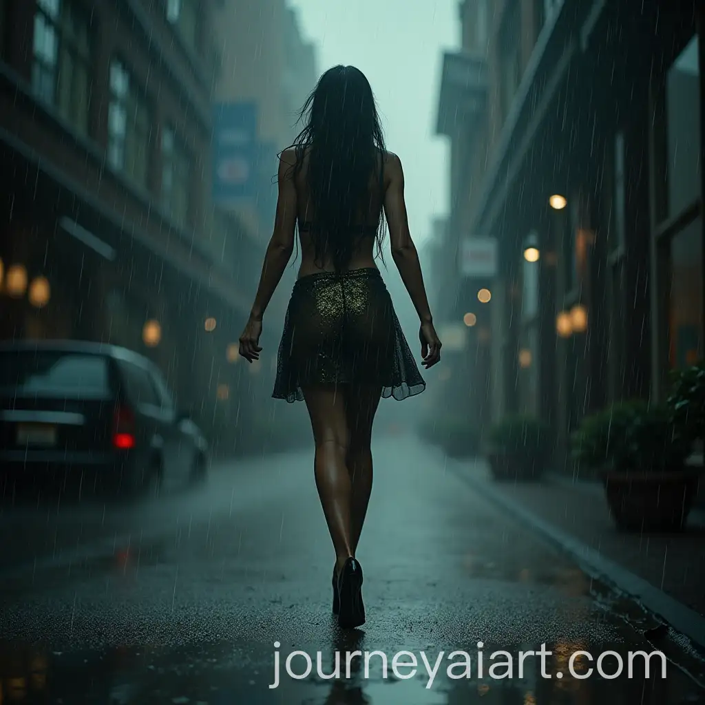 Beautiful-Woman-in-High-Heels-Walking-in-Torrential-Rain-with-Big-Drops-on-Her-Face