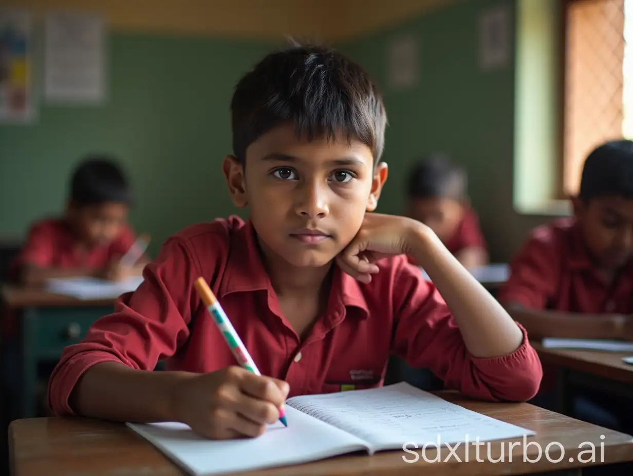 Indian Teenage Student Studying in Village School Classroom