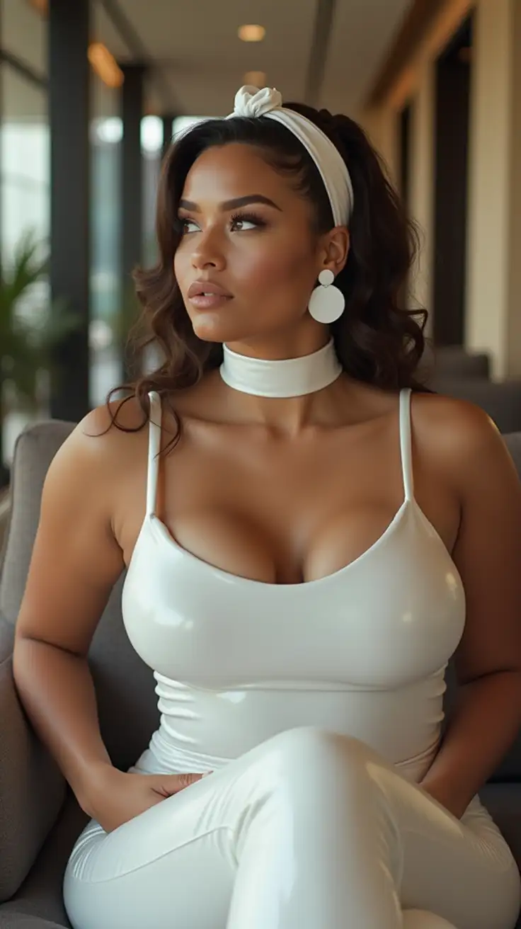 Confident-Curvy-Woman-in-Reflective-White-Latex-Outfit-Waiting-in-Hotel-Lobby